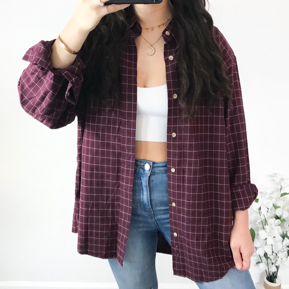 Maroon, white, and navy blue button down